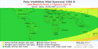 HilalMap: Peta Visibilitas Hilal Syawwal 1366 H: rukyat tanggal 1947-8-17 M