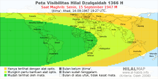 HilalMap: Peta Visibilitas Hilal Dzulqaidah 1366 H: rukyat tanggal 1947-9-15 M