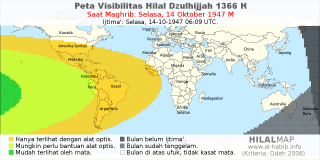 HilalMap: Peta Visibilitas Hilal Dzulhijjah 1366 H: rukyat tanggal 1947-10-14 M