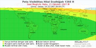 HilalMap: Peta Visibilitas Hilal Dzulhijjah 1366 H: rukyat tanggal 1947-10-15 M