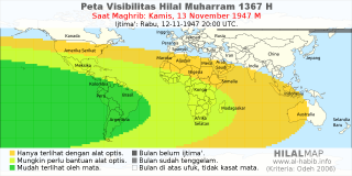 HilalMap: Peta Visibilitas Hilal Muharram 1367 H: rukyat tanggal 1947-11-13 M