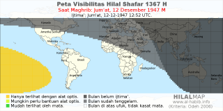 HilalMap: Peta Visibilitas Hilal Shafar 1367 H: rukyat tanggal 1947-12-12 M