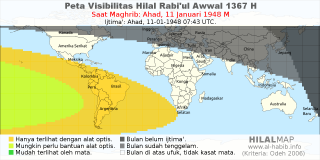 HilalMap: Peta Visibilitas Hilal Rabiul-Awwal 1367 H: rukyat tanggal 1948-1-11 M