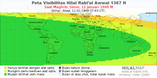 HilalMap: Peta Visibilitas Hilal Rabiul-Awwal 1367 H: rukyat tanggal 1948-1-12 M