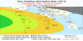 HilalMap: Peta Visibilitas Hilal Rabiul-Akhir 1367 H: rukyat tanggal 1948-2-10 M
