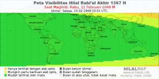 HilalMap: Peta Visibilitas Hilal Rabiul-Akhir 1367 H: rukyat tanggal 1948-2-11 M