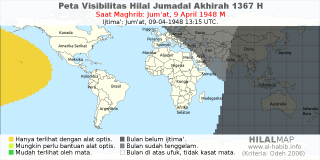 HilalMap: Peta Visibilitas Hilal Jumadal-Akhirah 1367 H: rukyat tanggal 1948-4-9 M