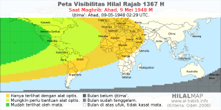 HilalMap: Peta Visibilitas Hilal Rajab 1367 H: rukyat tanggal 1948-5-9 M