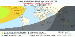 HilalMap: Peta Visibilitas Hilal Syaban 1367 H: rukyat tanggal 1948-6-7 M