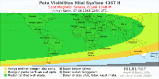 HilalMap: Peta Visibilitas Hilal Syaban 1367 H: rukyat tanggal 1948-6-8 M