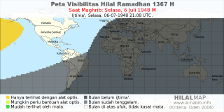 HilalMap: Peta Visibilitas Hilal Ramadhan 1367 H: rukyat tanggal 1948-7-6 M