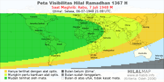 HilalMap: Peta Visibilitas Hilal Ramadhan 1367 H: rukyat tanggal 1948-7-7 M