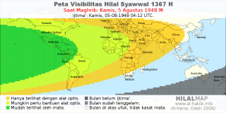 HilalMap: Peta Visibilitas Hilal Syawwal 1367 H: rukyat tanggal 1948-8-5 M
