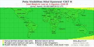 HilalMap: Peta Visibilitas Hilal Syawwal 1367 H: rukyat tanggal 1948-8-6 M
