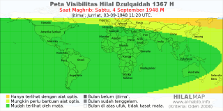 HilalMap: Peta Visibilitas Hilal Dzulqaidah 1367 H: rukyat tanggal 1948-9-4 M