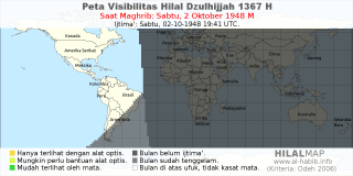 HilalMap: Peta Visibilitas Hilal Dzulhijjah 1367 H: rukyat tanggal 1948-10-2 M
