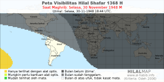 HilalMap: Peta Visibilitas Hilal Shafar 1368 H: rukyat tanggal 1948-11-30 M