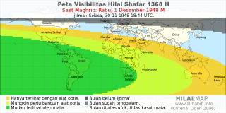 HilalMap: Peta Visibilitas Hilal Shafar 1368 H: rukyat tanggal 1948-12-1 M