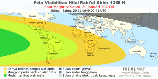 HilalMap: Peta Visibilitas Hilal Rabiul-Akhir 1368 H: rukyat tanggal 1949-1-29 M