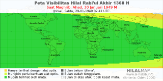 HilalMap: Peta Visibilitas Hilal Rabiul-Akhir 1368 H: rukyat tanggal 1949-1-30 M