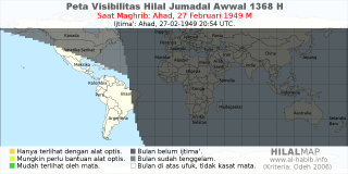 HilalMap: Peta Visibilitas Hilal Jumadal-Awwal 1368 H: rukyat tanggal 1949-2-27 M