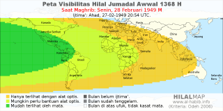 HilalMap: Peta Visibilitas Hilal Jumadal-Awwal 1368 H: rukyat tanggal 1949-2-28 M