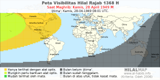 HilalMap: Peta Visibilitas Hilal Rajab 1368 H: rukyat tanggal 1949-4-28 M