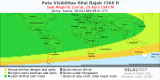 HilalMap: Peta Visibilitas Hilal Rajab 1368 H: rukyat tanggal 1949-4-29 M