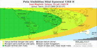 HilalMap: Peta Visibilitas Hilal Syawwal 1368 H: rukyat tanggal 1949-7-26 M