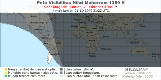 HilalMap: Peta Visibilitas Hilal Muharram 1369 H: rukyat tanggal 1949-10-21 M
