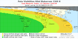 HilalMap: Peta Visibilitas Hilal Muharram 1369 H: rukyat tanggal 1949-10-22 M