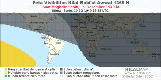 HilalMap: Peta Visibilitas Hilal Rabiul-Awwal 1369 H: rukyat tanggal 1949-12-19 M