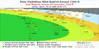 HilalMap: Peta Visibilitas Hilal Rabiul-Awwal 1369 H: rukyat tanggal 1949-12-20 M