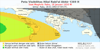 HilalMap: Peta Visibilitas Hilal Rabiul-Akhir 1369 H: rukyat tanggal 1950-1-18 M