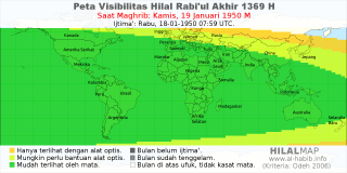 HilalMap: Peta Visibilitas Hilal Rabiul-Akhir 1369 H: rukyat tanggal 1950-1-19 M