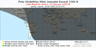 HilalMap: Peta Visibilitas Hilal Jumadal-Awwal 1369 H: rukyat tanggal 1950-2-16 M