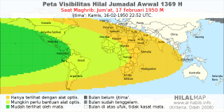 HilalMap: Peta Visibilitas Hilal Jumadal-Awwal 1369 H: rukyat tanggal 1950-2-17 M