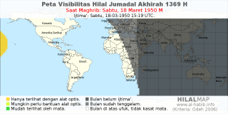 HilalMap: Peta Visibilitas Hilal Jumadal-Akhirah 1369 H: rukyat tanggal 1950-3-18 M