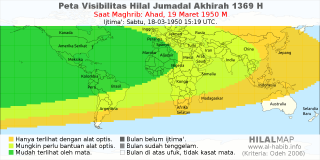 HilalMap: Peta Visibilitas Hilal Jumadal-Akhirah 1369 H: rukyat tanggal 1950-3-19 M