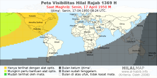 HilalMap: Peta Visibilitas Hilal Rajab 1369 H: rukyat tanggal 1950-4-17 M