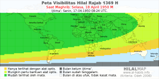 HilalMap: Peta Visibilitas Hilal Rajab 1369 H: rukyat tanggal 1950-4-18 M