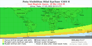 HilalMap: Peta Visibilitas Hilal Syaban 1369 H: rukyat tanggal 1950-5-18 M