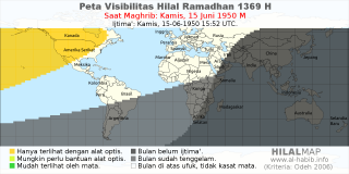 HilalMap: Peta Visibilitas Hilal Ramadhan 1369 H: rukyat tanggal 1950-6-15 M