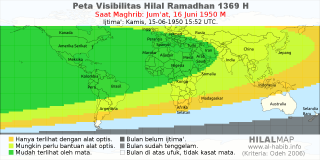 HilalMap: Peta Visibilitas Hilal Ramadhan 1369 H: rukyat tanggal 1950-6-16 M