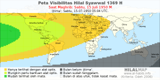 HilalMap: Peta Visibilitas Hilal Syawwal 1369 H: rukyat tanggal 1950-7-15 M