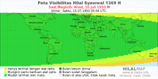 HilalMap: Peta Visibilitas Hilal Syawwal 1369 H: rukyat tanggal 1950-7-16 M