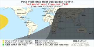 HilalMap: Peta Visibilitas Hilal Dzulqaidah 1369 H: rukyat tanggal 1950-8-13 M