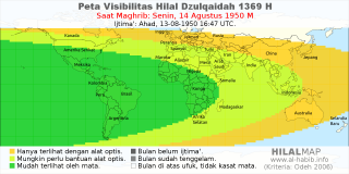 HilalMap: Peta Visibilitas Hilal Dzulqaidah 1369 H: rukyat tanggal 1950-8-14 M