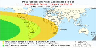 HilalMap: Peta Visibilitas Hilal Dzulhijjah 1369 H: rukyat tanggal 1950-9-12 M