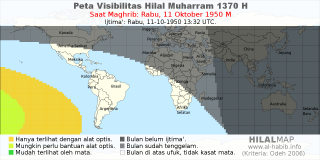 HilalMap: Peta Visibilitas Hilal Muharram 1370 H: rukyat tanggal 1950-10-11 M